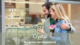  Presentation with happy camper - Audience pleasing theme consisting of betrothal - young happy couple near showcase backdrop and a gray colored foreground