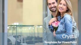  Presentation with how to be happy - Beautiful PPT layouts featuring betrothal - young happy couple near showcase backdrop and a teal colored foreground