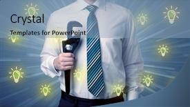  Presentation with idea - Audience pleasing slide set consisting of better-looking businesman holding tool backdrop and a light blue colored foreground