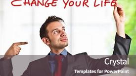  Presentation with friendly - Cool new presentation theme with better solutions - friendly businessman suggesting you backdrop and a dark gray colored foreground