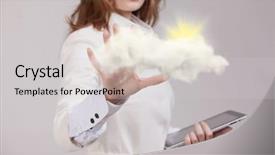  Presentation with cloud - Slide deck featuring better solutions - woman with cloud and sun background and a light gray colored foreground