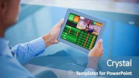  Presentation with gambling - Presentation theme featuring betting - businessman using his tablet background and a teal colored foreground