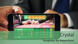  Presentation with smartphone app - Amazing presentation theme having betting - businessman using smartphone against gambling backdrop and a seafoam green colored foreground