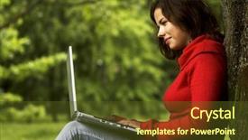  Presentation with laptop - Colorful slides enhanced with beutiful student girl working backdrop and a  colored foreground