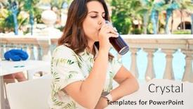  Presentation with hotel resort - Slide set consisting of beutiful woman sitting at bar pool on hotel resort drinking fresh soda enyojing summer vacation background and a lemonade colored foreground