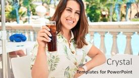  Presentation with hotel resort - PPT theme consisting of beutiful woman sitting at bar pool on hotel resort drinking fresh soda enyojing summer vacation background and a lemonade colored foreground