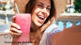  Presentation with hotel resort - Amazing PPT theme having beutiful woman sitting at pool bar on hotel resort drinking healthy smoothie and taking selfie using smartphone backdrop and a red colored foreground