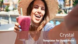  Presentation with hotel resort - PPT theme featuring beutiful-woman-sitting-at-pool background and a tawny brown colored foreground