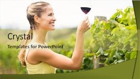  Presentation with wine - Beautiful PPT theme featuring beverage crops - female vintner holding wine glass backdrop and a yellow colored foreground