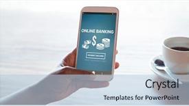  Presentation with mobile banking - Theme featuring beverage crops - online banking text on blue background and a light blue colored foreground