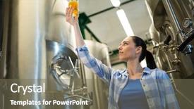  Presentation with testing - Presentation design consisting of beverages science - attentive female brewer testing beer background and a violet colored foreground