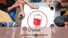  Presentation with people hold hand around globe - Presentation design with beverages science - people sitting around table drinking background and a  colored foreground