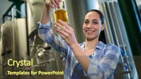  Presentation with portrait of excited overjoyed female - PPT layouts with beverages science - portrait of happy female brewer background and a tawny brown colored foreground