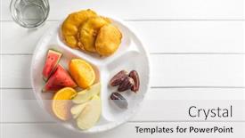  Presentation with served - Presentation theme consisting of bhajiya-fruits-and-dates background and a light gray colored foreground