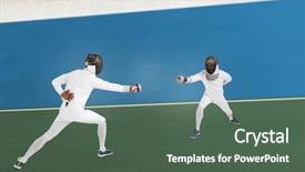  Presentation with sword - Audience pleasing theme consisting of bi - man wearing fencing suit practicing backdrop and a dark gray colored foreground