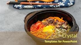  Presentation with rice - Beautiful slide deck featuring bibimbap-rice-vegetables-minced-marinated backdrop and a tawny brown colored foreground