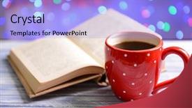  Presentation with coffee book - Audience pleasing PPT theme consisting of wreath reading - composition of book with cup backdrop and a light blue colored foreground