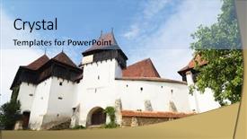  Presentation with transylvania - Slide deck with bible construction - viscri fortified church in transylvania background and a light blue colored foreground