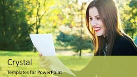  Presentation with park - Presentation theme featuring bible lessons - young brunette girl studying background and a yellow colored foreground