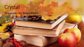  Presentation with old books on a wooden - PPT theme enhanced with pharmaceutical - colorful pills for kids background and a soft green colored foreground