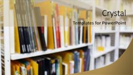  Presentation with library - Colorful presentation theme enhanced with campus paper - modern library bookshelves full backdrop and a coral colored foreground