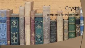  Presentation with old books on a wooden - PPT layouts having encyclopedia - old books on wooden shelf background and a coral colored foreground