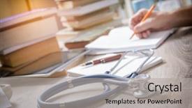  Presentation with knowledge - Beautiful PPT theme featuring young doctor is learning and preparing for the exam he is using books and tablet to search for knowledge backdrop and a light gray colored foreground