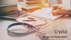  Presentation with exam - Slide set featuring college studying - young doctor is learning background and a coral colored foreground