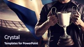  Presentation with trophy award hand holding - PPT layouts consisting of bicolor background - victorious rugby player holding trophy background and a  colored foreground