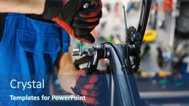  Presentation with bicycle - PPT theme featuring bicycle-assembly-in-workshop-man background and a ocean colored foreground