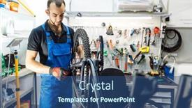  Presentation with bicycle - Colorful presentation design enhanced with bicycle-assembly-in-workshop-man backdrop and a ocean colored foreground