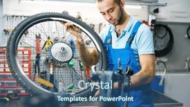  Presentation with wheel - Cool new slides with bicycle-assembly-in-workshop-wheel backdrop and a ocean colored foreground