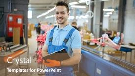  Presentation with factory - Amazing presentation design having bicycle-factory-smiling-worker backdrop and a coral colored foreground