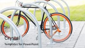  Presentation with safety transport - Presentation theme enhanced with bicycle locked at street parking background and a light gray colored foreground