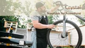  Presentation with mechanic - Slide set consisting of bicycle mechanic in apron adjusts bike outdoor background and a lemonade colored foreground