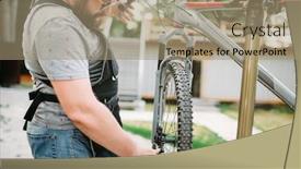  Presentation with mechanic - Slides featuring bicycle mechanic in apron adjusts bike outdoor background and a coral colored foreground