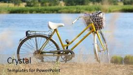  Presentation with bicycle - Presentation design featuring bicycle near lake during sunset background and a coral colored foreground