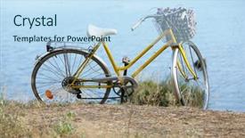  Presentation with bicycle - Presentation theme with bicycle near lake during sunset background and a sky blue colored foreground