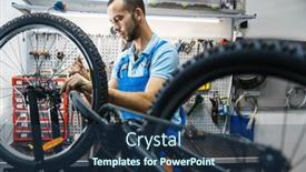  Presentation with brake - Theme featuring bicycle-repair-in-workshop-man background and a ocean colored foreground
