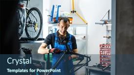  Presentation with repair - Slide deck with bicycle-repair-in-workshop-man background and a ocean colored foreground