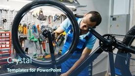  Presentation with brake - Presentation design featuring bicycle-repair-in-workshop-man background and a ocean colored foreground