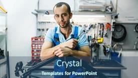  Presentation with carbon fiber bicycle frame - Slide set with bicycle-repair-in-workshop-man background and a ocean colored foreground