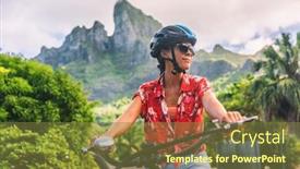  Presentation with bicycle - Colorful PPT theme enhanced with bicycle-tourism-woman-tourist-biking backdrop and a tawny brown colored foreground