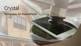  Presentation with gavel - Slide deck having bid - gavel on blurred house background background and a mint green colored foreground