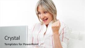  Presentation with senior hunger - Presentation theme having bid - happy senior woman cheering while background and a light gray colored foreground