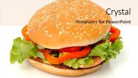  Presentation with junk food - Amazing slides having big appetizing hamburger with vegetables close-up isolated junk food on white background backdrop and a yellow colored foreground