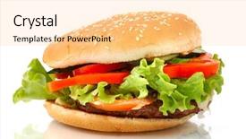  Presentation with junk food - Amazing PPT theme having big appetizing hamburger with vegetables close-up isolated junk food on white background side view backdrop and a blonde colored foreground