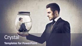  Presentation with glass - PPT theme with big boss - businessman holding a glass jar background and a tawny brown colored foreground