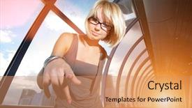  Presentation with electrical surveillance cctv security camera - Presentation theme having big boss - young businesswoman pointing in camera background and a coral colored foreground