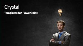  Presentation with light bulb graduation cap - Theme enhanced with big boy - young confident businessman with arms background and a black colored foreground